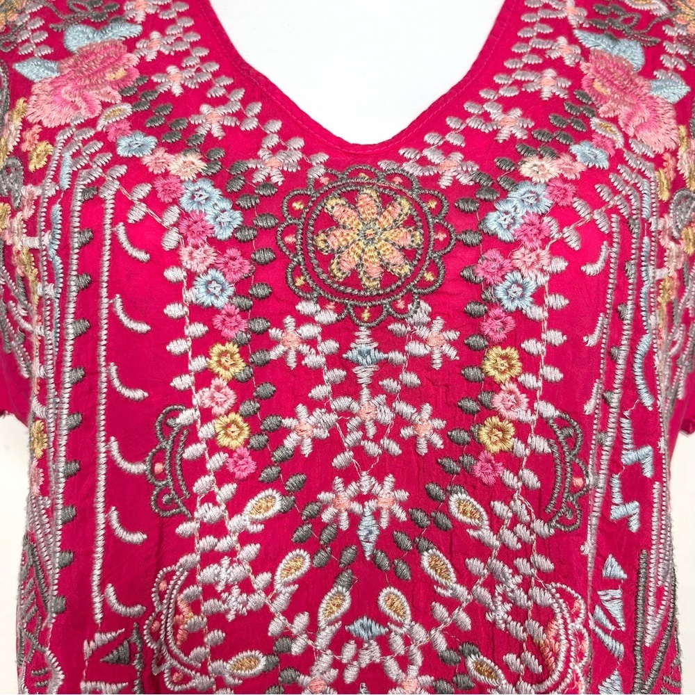 Johnny Was Floral Embroidered Boho Tunic Karineh Pomegranate Pink Fairy Top - Picture 9 of 13
